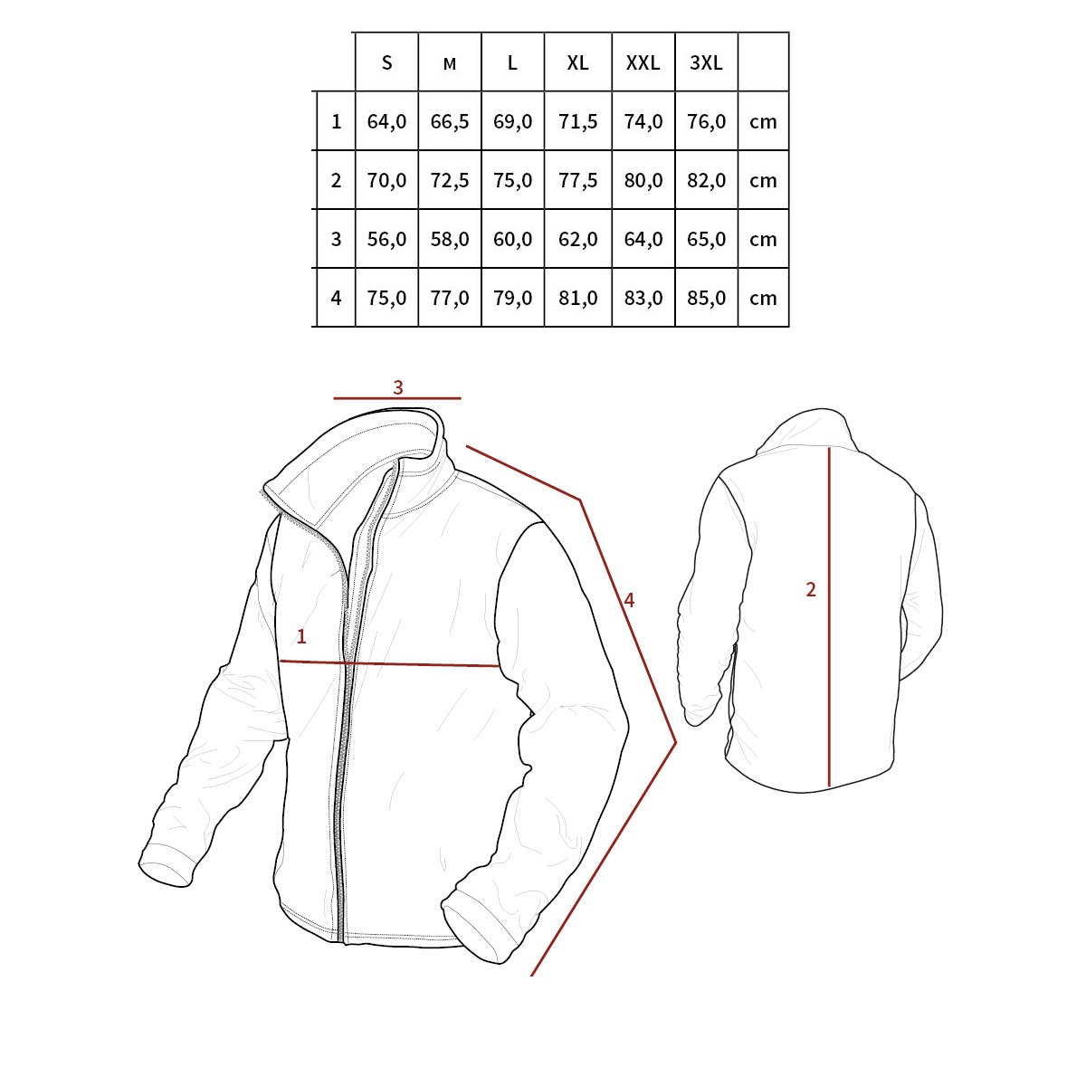 Tabulka velikostíBunda US softshell LEVEL 5 tabulka