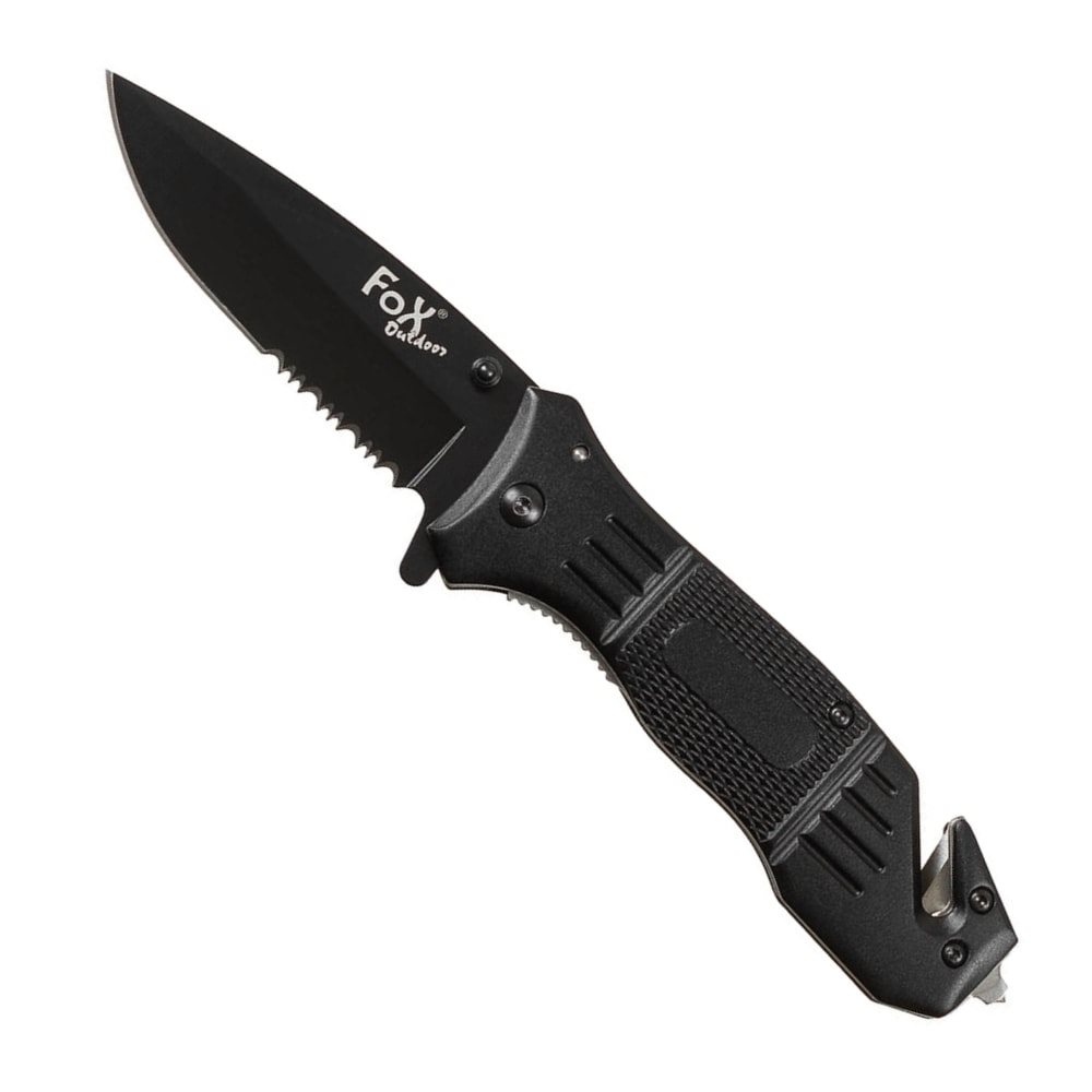 Levně FOX Outdoor nůž zavírací s řezákem a rozbíječem skla ČERNÝ
