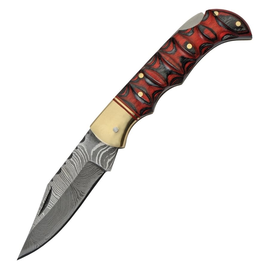Levně Nůž zavírací DAMASCUS RED and BLACK dřevěná rukojeť