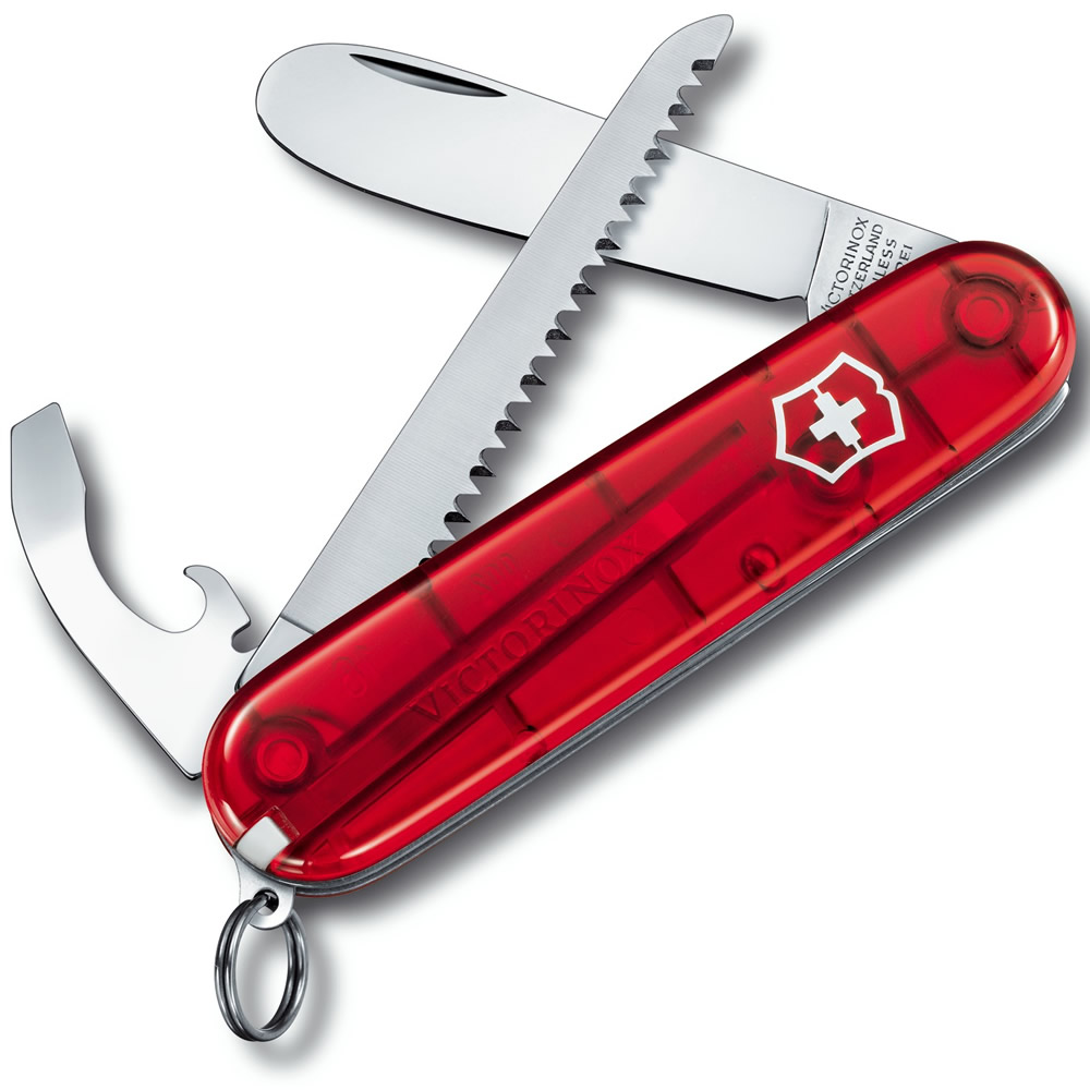 Levně VICTORINOX nůž MŮJ PRVNÍ KAPESNÍ NŮŽ 84mm ČERVENÝ transparentní s pilkou
