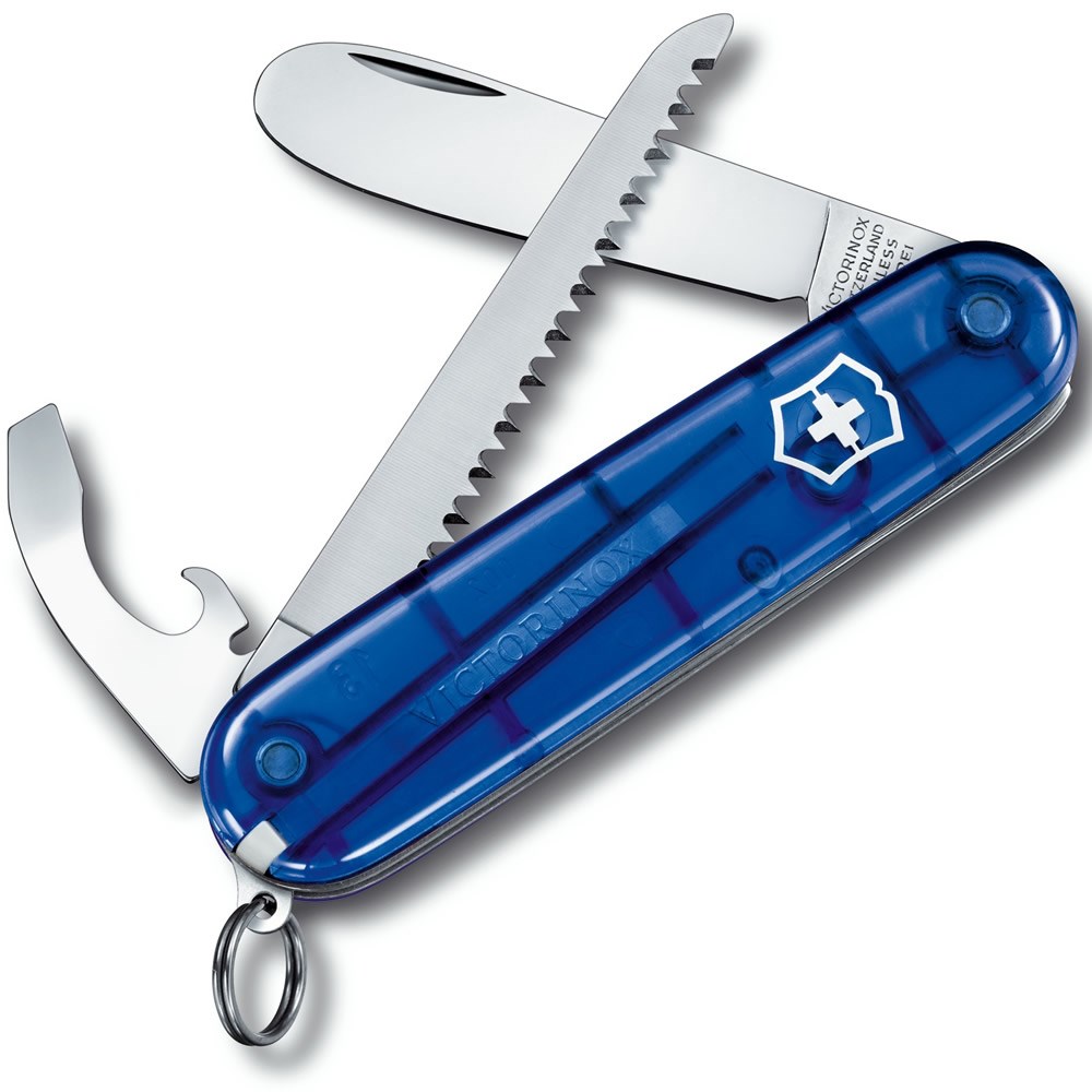 Levně VICTORINOX nůž MŮJ PRVNÍ KAPESNÍ NŮŽ 84mm MODRÝ transparentní s pilkou