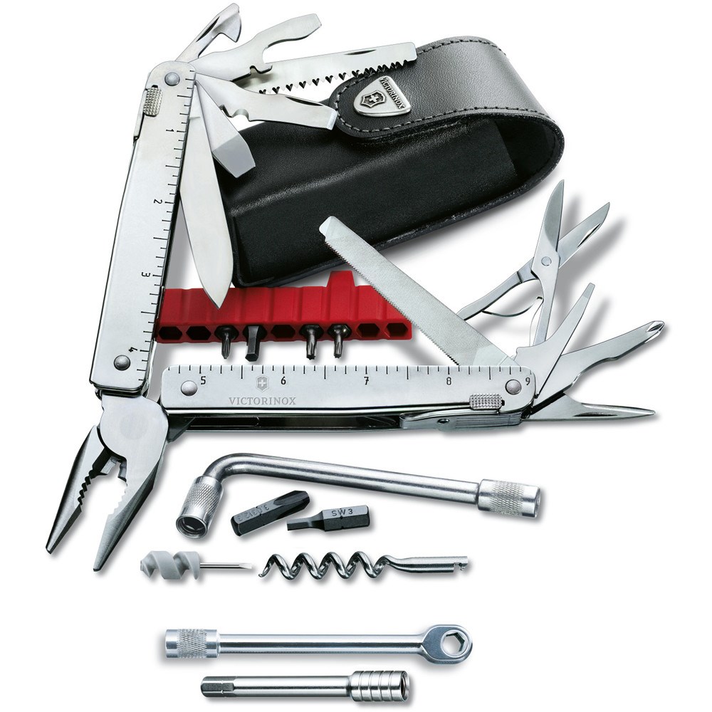 Levně VICTORINOX kleště multifunkční SwissTool PLUS STŘÍBRNÉ v koženém pouzdře (s ráčnou namísto kličky)