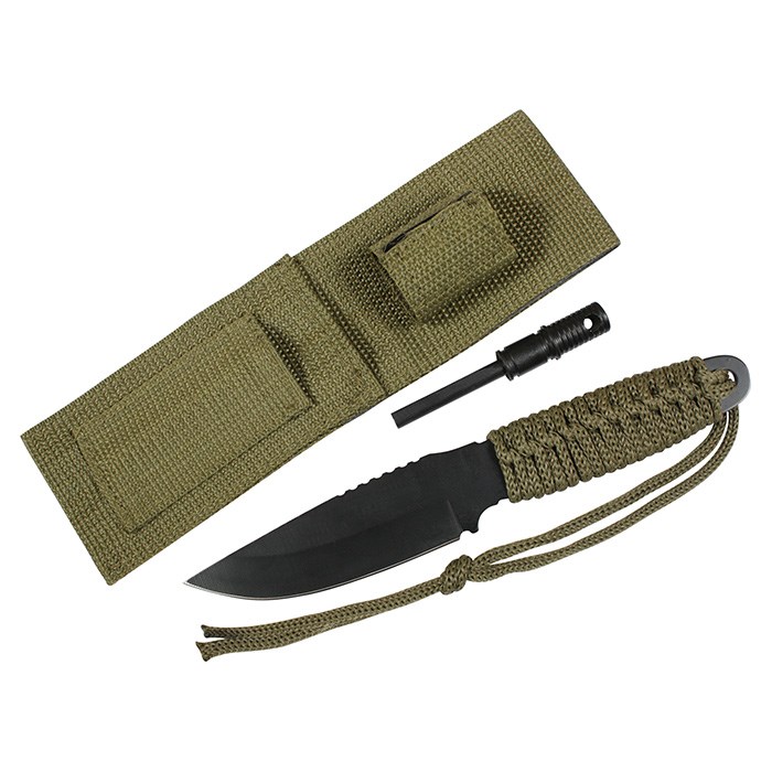 Levně ROTHCO nůž PARACORD s pevnou čepelí + křesadlo ZELENÝ
