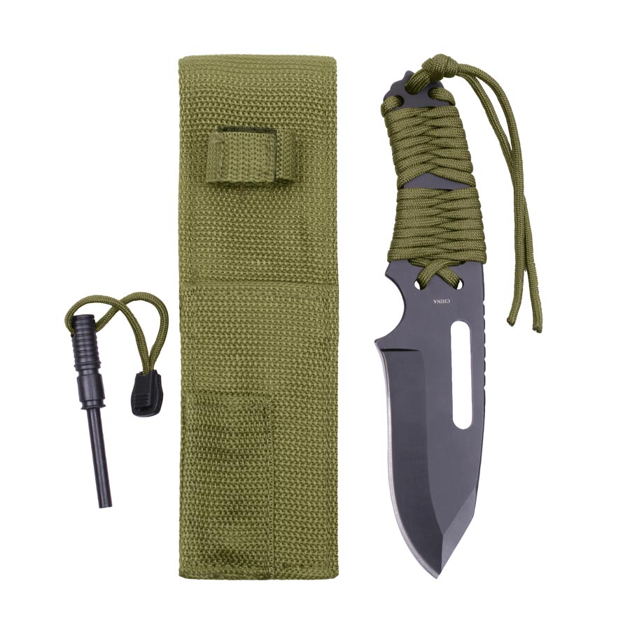 Levně Nůž PARACORD ROTHCO s pevnou čepelí + křesadlo ZELENÝ