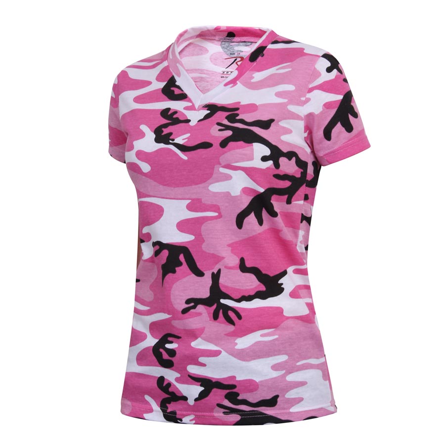 Levně Triko dámské V-výstřih prodloužené PINK CAMO