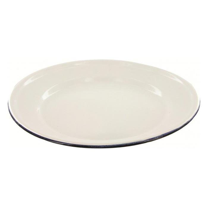 Levně Talíř smaltovaný mělký BÍLÝ s modrým okrajem 25 cm