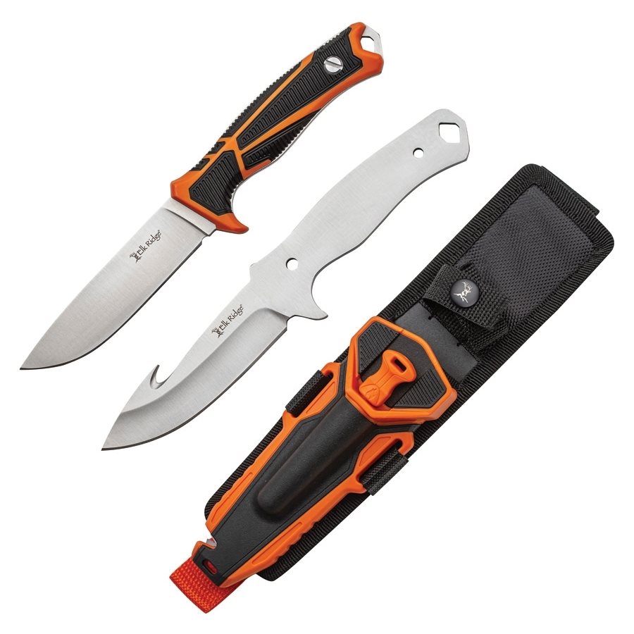 Levně Elk Ridge nože s pevnou čepelí HUNTING COMBO 2 kusy ORANŽOVÉ