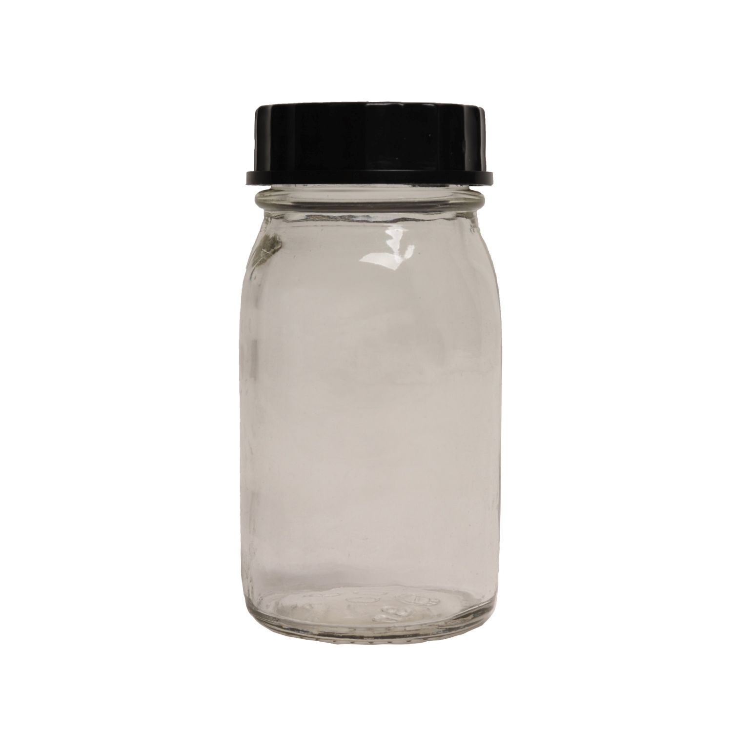 Levně Lahvička skleněná širokohrdlá 200 ml s plastovým černým víčkem