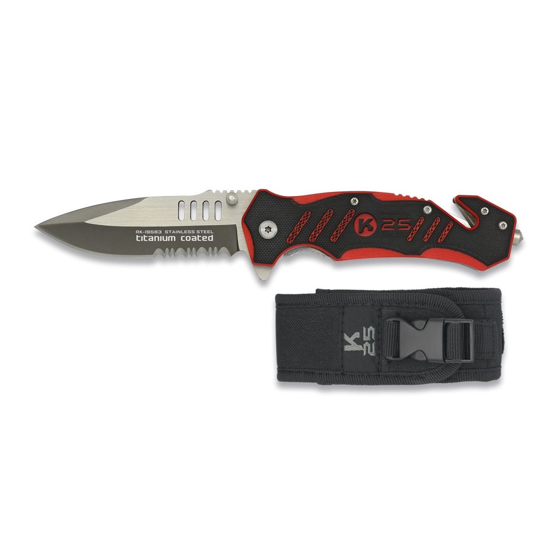 Levně Nůž zavírací K25 Tactical záchranář ČERNO/ČERVENÝ