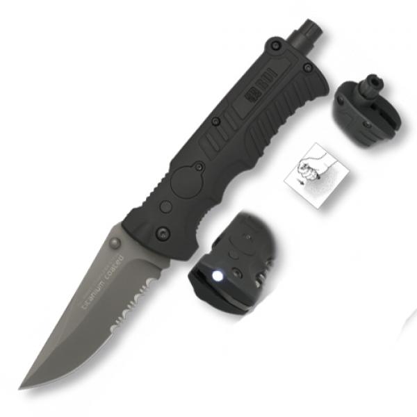 Levně K25 nůž zavírací Tactical 19587 záchranář KOMBI ČERNÝ se svítilnou