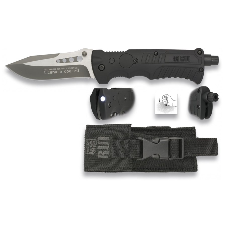 Levně K25 nůž zavírací Tactical 19588 záchranář ČERNÝ se svítilnou