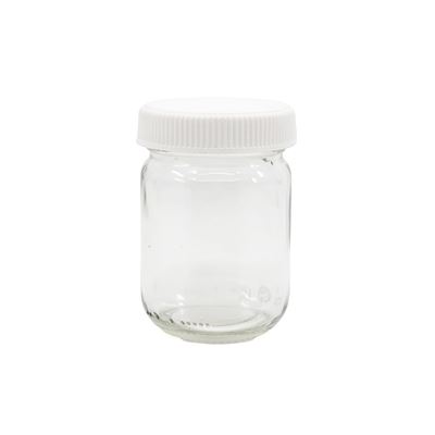 Lahvička skleněná širokohrdlá 130ml s plastovým bílým víčkem