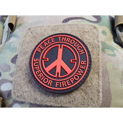 Nášivka PEACE THROUGH SUPERIOR FIREPOWER plast velcro ČERNÁ/ČERVENÁ